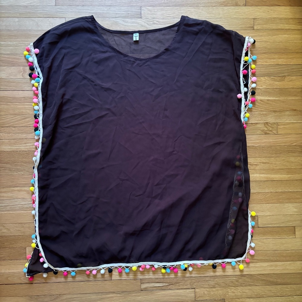 Swimsuit Cover Up Women One Size Black Chiffon Colorful‎ Pom Pom Trim Beach Pool